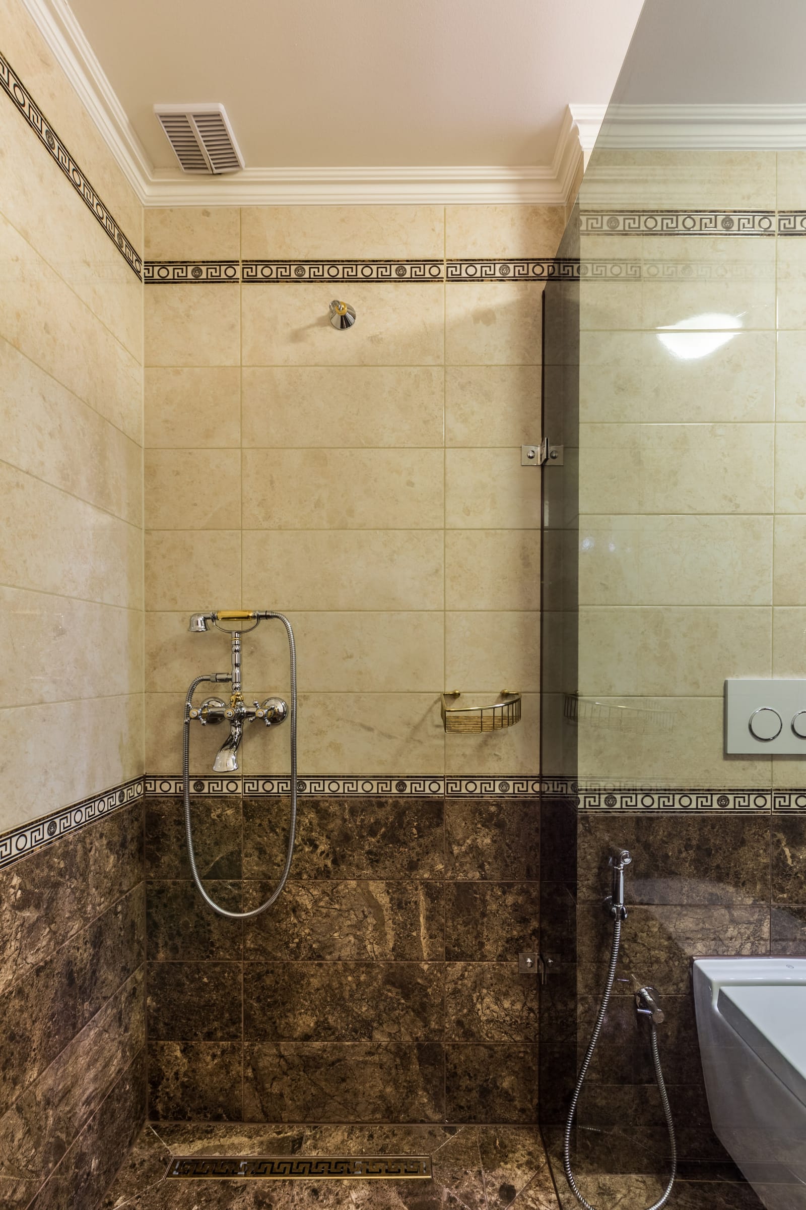 Walk-in shower with marble and patterned border tiles