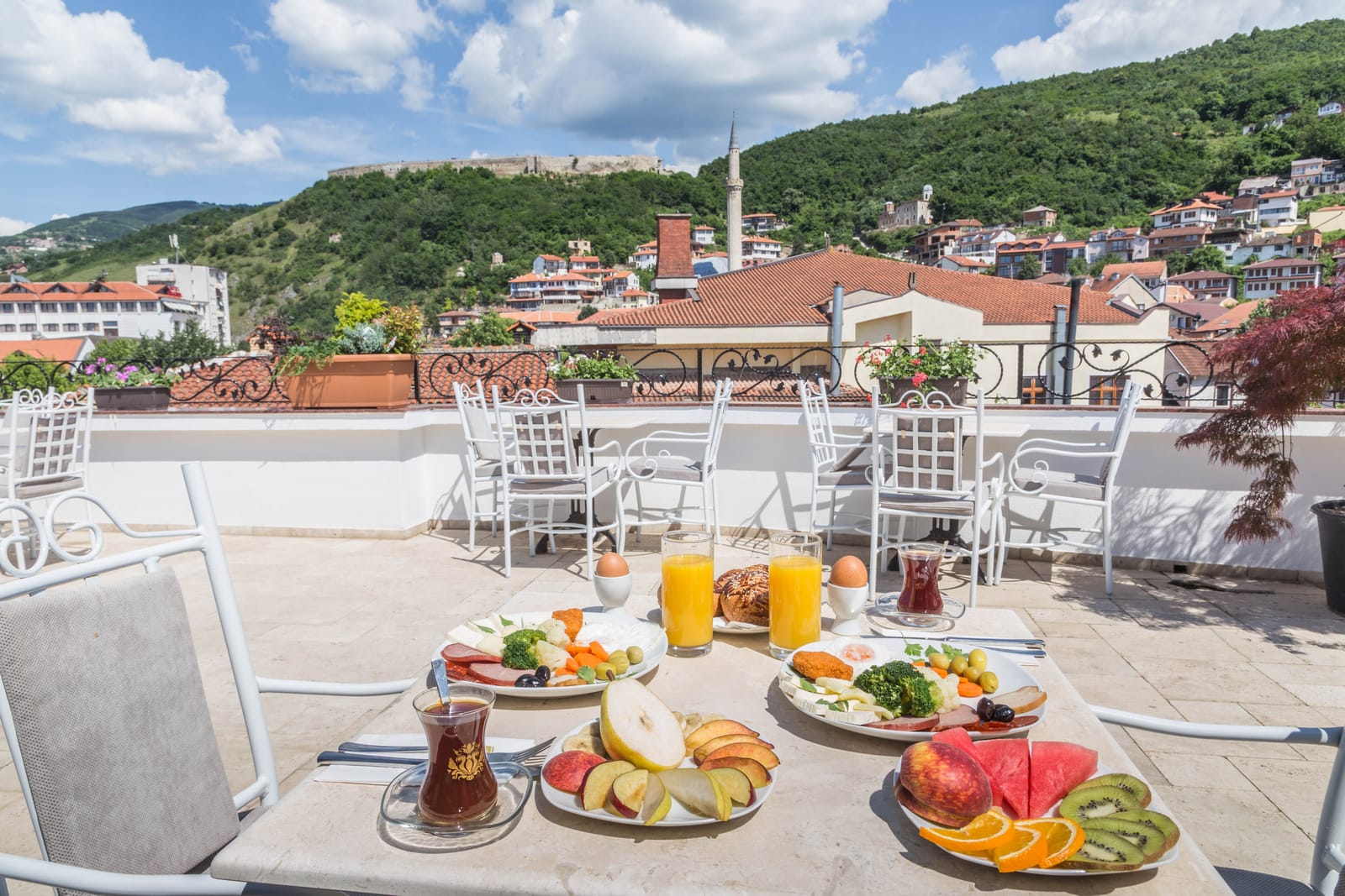 Turkish tea, juice and a full breakfast on the terrace overlooking the old town